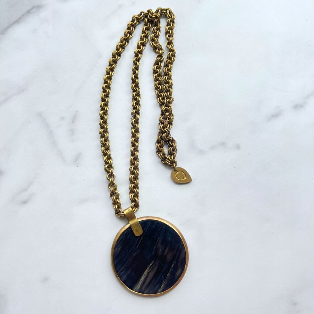 Hand Crafted Brass Chain Necklace Bone Disk Pendant